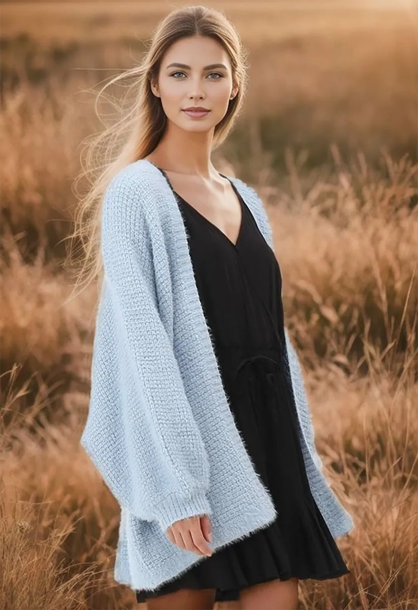 Fuzzy Open Front Waffle Knit Cardigan in Blue