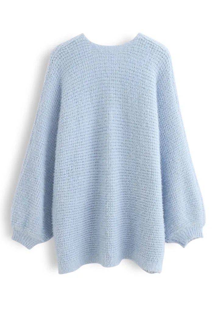 Fuzzy Open Front Waffle Knit Cardigan in Blue